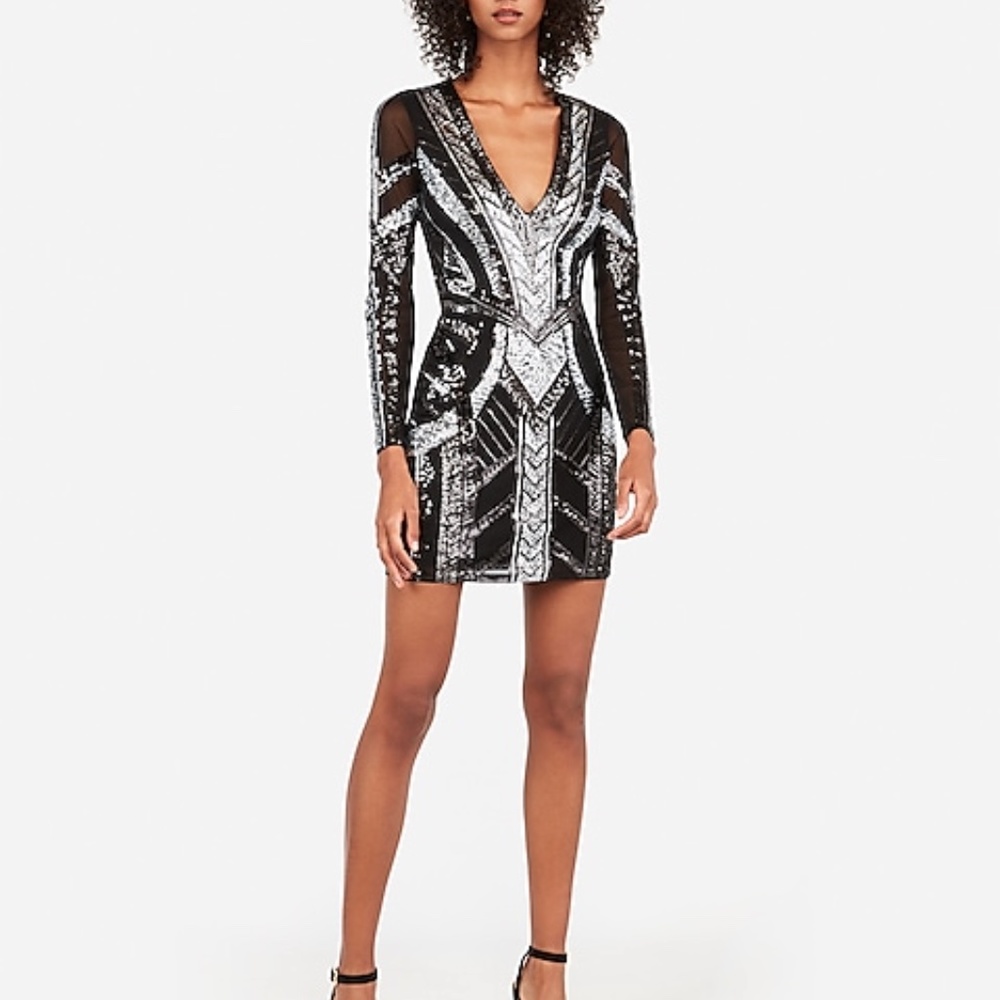 EXPRESS Sequin Deep V-Neck Sheath Dress